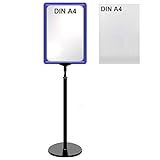 Ständer mit Plakatrahmen und U-Tasche DIN A4 blau, in schwarz ist T-Stück, Kunststoffteleskoprohr ausziehbar bis 680 mm und Fuß rund D 17cm ohne Stahleinlage
