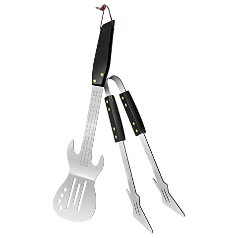 PEPKICN Rock Guitar Style Heavy Duty Stainless Steel 2-Piece Barbecue Tool Set - Spatula & Tongs with Wooden Handle Cover