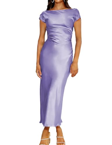 Gmeitoey 2026 Satin Cap Sleeve Cowl Back Summer Dresses for Women Elegant Ruched Waist Wedding Guest Midi Dress Light Purple