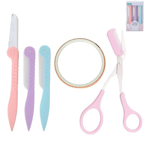 3本のアップグレードされた折りたたみ型眉剃りナイフレディースプロ眉剃りナイフ美化粧道具1本の初心者美容カット初心者眉剃り鋏眉櫛小鋏1本のミニポータブル女性用鏡