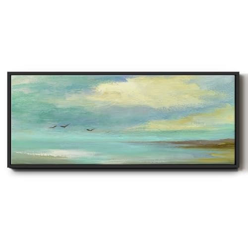 Renditions Gallery Water Wall Art Prints for Home Seascape with Birds Flying Floater Frame Canvas Paintings for Kitchen Hotel Restaurants - 8"x20" Black Frame LT617