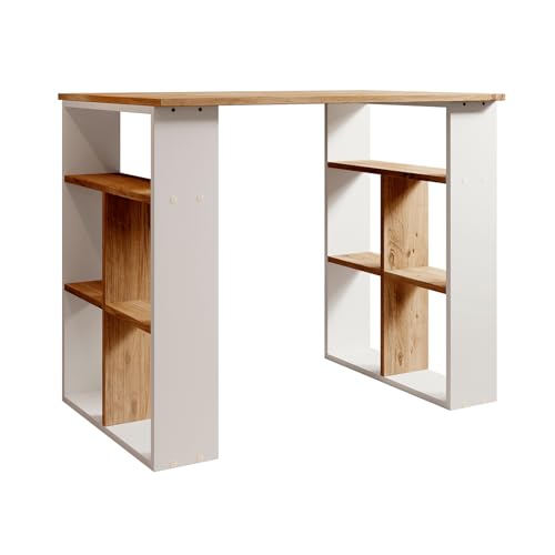 MB Muebles Bonitos, Escritorio con Estantería Urban, 10 Estantes, Melamina Mate, Color Pino y Blanco, Ancho 90 cm