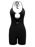Verdusa Women's Rhinestone Cut Out Front Backless Skinny Halter Unitard Romper Black M