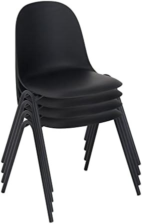 Roomnhome Stackable self-Assembly Plastic seat and Durable Steel Frame Kitchen, Dining, Bedroom Chair Set of 4 (Black)