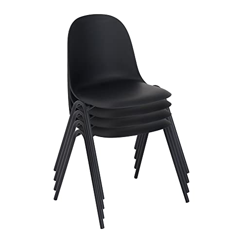 Roomnhome Stackable Self-Assembly Plastic Seat And Durable Steel Frame Kitchen, Dining, Bedroom Chair Set Of 4 (Black) #TOP3