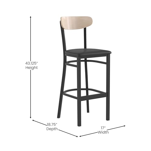 Image of Flash Furniture Wright Commercial Barstool - Natural Birch Finish Wood Boomerang Back - Black Vinyl Seat - 500 LB. Capacity Black Steel Frame - Integrated Footrest