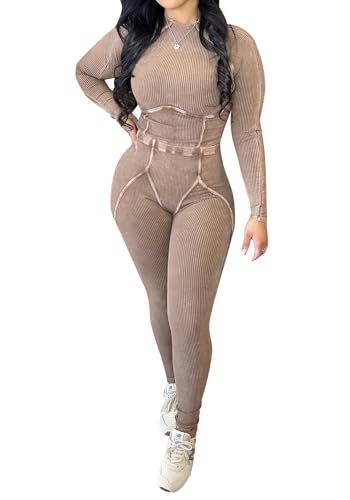 Ecirod Workout 2 Piece Sets for Women Ribbed Crewneck Long Sleeve Crop Tops High Wasited Tummy Control Leggings Set