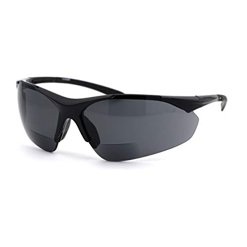 Mens All Black Sport Baseball Half Rim Warp Around Bi-focal Reading Sunglasses