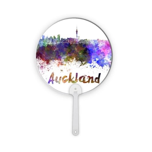 Abanico redondo de plástico con diseño de acuarela de la ciudad de Auckland