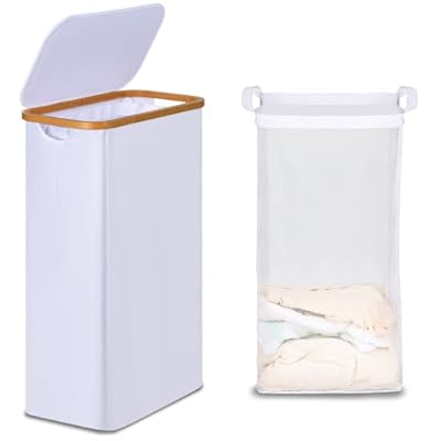 efluky Slim Laundry Basket with Lid, Narrow Laundry Hamper with Removable Bag, Skinny Dirty Clothes Basket with Bamboo Handles for Bathroom, Bedroom & Laundry Room, 75L White