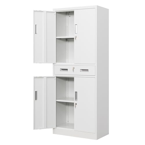 Metal Storage with 1 Drawer, 71" Cabinet with 4 Locking Doors and 2 Adjustable Shelves, Steel Storage File Cabinet for Pantry, Kitchen, Office, Garage (White)