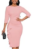 Pink Dress for Women Sexy 3/4 Sleeve Ruched Church Wedding Guest Party Pencil Midi Sheath Dress(Pink...