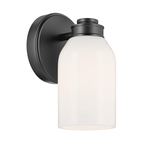 Image of Kichler Shae 1-Light Bathroom Wall Light, Black | White opal glass wall light for bathrooms, hallways and mirrors (5 inch x 8.25 inch), 55200BK