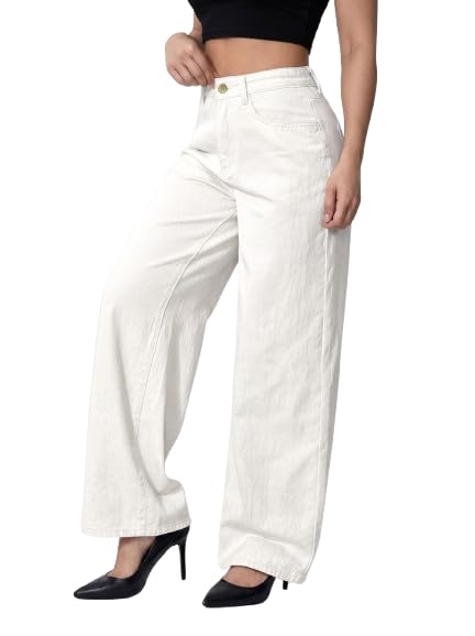 Women's Wide Leg Jeans, White Washed Denim, High Rise, Relaxed Baggy Fit, Casual Streetwear, High Waist, White, Casual Straight Trousers with Pockets-picture-36
