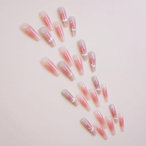 BABALAL Coffin Press on Nails Long Fake Nails Pink Glue on Nails Cat Eye Ombre Acrylic Nails 24Pcs Shiny Ballerina Stick on Manicure Nails for Women and Girls - Thumbnail 2