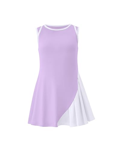 LIONJIE Girls Sleeveless Tennis Active Dresses with Shorts Kids Color Block Pleated Golf Pickleball Outfits with Pockets, Purple, 11-12 Years