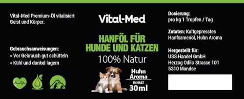 Vital-Med - hochdosiertes Hanföl für Hunde & Katzen - 30ML (750 Tropfen) - 25mg pro Tropfen - Premium Vital Hanfsamenöl - 100% Natur - Hanftropfen mit Omega 3-6-9 (Huhn)