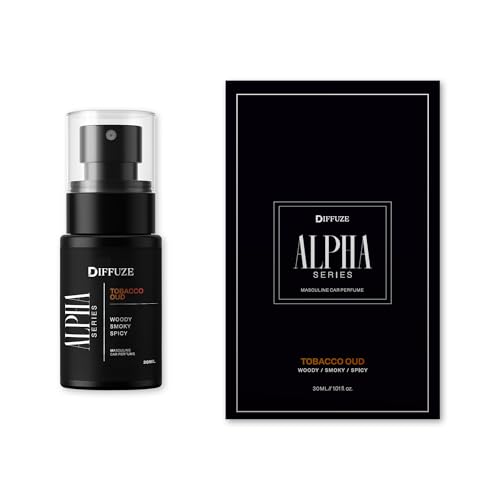 Image of DIFFUZE ALPHA Series Tobacco Oud Car Perfume Spray with Hanging Card - 30 ml | Premium Masculine Car Fragrance for Men | Long Lasting Woody Tobacco & Oud Scent | Made in India