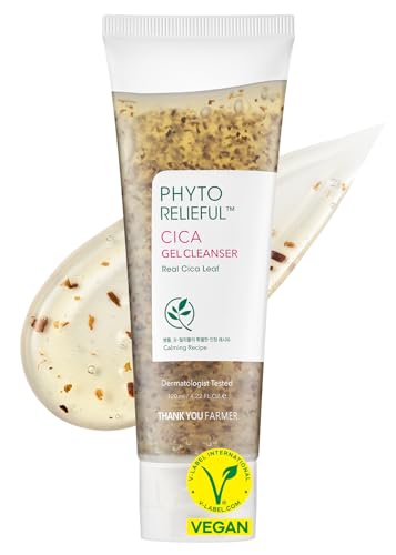 Thankyou Farmer Phyto Relieful Cica Gel Nettoyant à la vraie feuille de cica, Vegan, Anti-acné, Équilibrant le pH, Centella Asiatica pour peaux grasses et mixtes, Nettoyant Visage Coréen, 120 ml