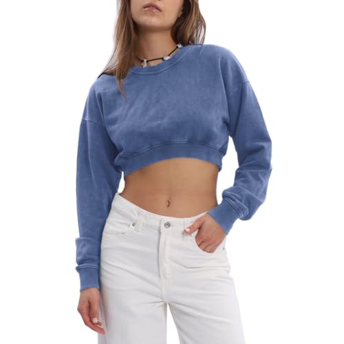 Amazhiyu Women's Acid Wash High Cropped Crewneck Sweatshirts Pullover Crop