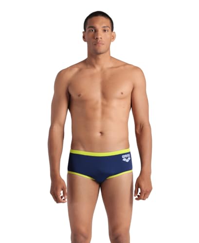 Arena One Men's Big Logo Low-Waist Swim Short Pool Practice Athletic Swimsuit Bañador para Hombre, Azul Marino/Verde Suave, 52