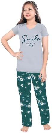 bees Cotton Girls Night Wear T Shirt & Pyjama | Night Dress for Girl Kids | Night Dresses Tee Top & Pajama Pant G Melange