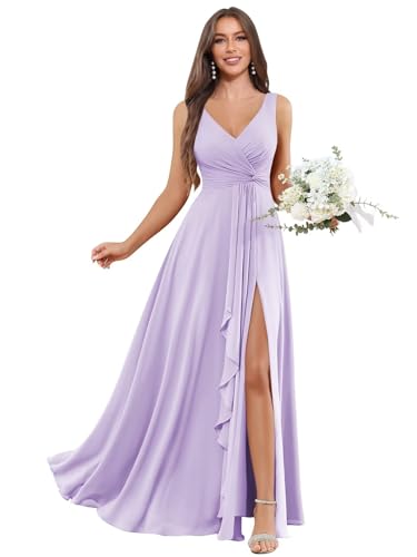 Image of BOLENSYE Bridesmaid Dresses Long Ruched Ruffles Chiffon A Line Evening Party Gown with Pockets Slit