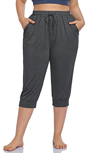 Zerdocean Women's Plus Size Active Yoga Lounge Indoor Capri Casual Comfy Relaxed Joggers Pants With Pockets Drawstring Darkgray 2X #TOP1