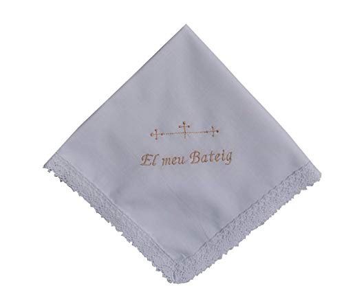 Pañuelo bautizo bordado en catalan letras beige 35x35 cm