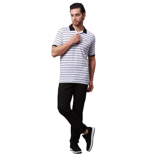 Image of Park Avenue Men's Cotton Polyester Blend Stripe Pattern Slim Fit Rib Collar Polo Neck Half Sleeve Casual T-Shirt