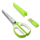 5 Blades Herb Scissors - Professional Kitchen Shears with Safety Cover for Cutting Green Onions, Fresh Herbs, Vegetables & Salad Food Prep, Must-Have Cooking Gadgets (Green, White, 8.7 inch)