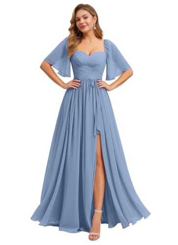 Image of IIF Women's Chiffon Bridesmaid Dresses for Wedding Flutter Sleeves Ruched A Line Long Formal Dress with Slit IIF149