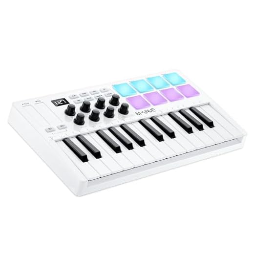 M-WAVE 25 Key USB MIDI Keyboard Controller With 8 Backlit Drum Pads, Bluetooth Semi Weighted Professional dynamic keybed 8 Knobs and Music Production,Software Included (White)