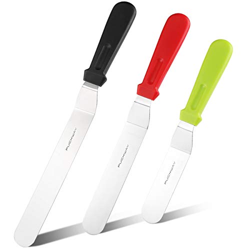 PUCKWAY 3 Metal Cake Offset Spatulas, 6 8 & 10 Inch Frosting Angled Icing Spatula for Decorating