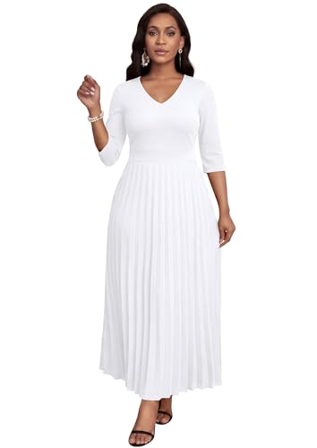 Image of FANDEE Women's V-Neck Pleated Maxi Dress A-Line 3 /4 Sleeve with Pockets