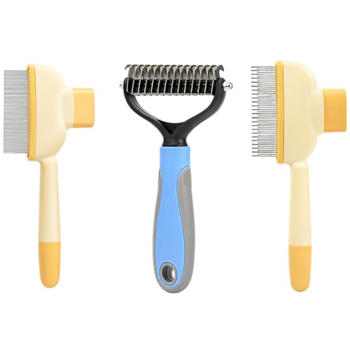 Tressify Yellow & Blue Pet Grooming 3 Pcs Set, Self-Cleaning Comb, Flea Comb, Detangling Comb, for Cats & Dogs