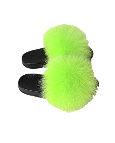 LVCOMEFF Women Real Fox Fur Sandals Slides Neon Green Orange Color Slippers Summer Fluffy
