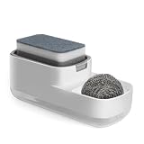 Jasfyee Zeepdispenser, wasmiddelknijper, 2-in-1 spons zeepdispenser met sponshouder en spons, lekvrij voor aanrecht in de keuken om zeep te besparen, Home Organizer