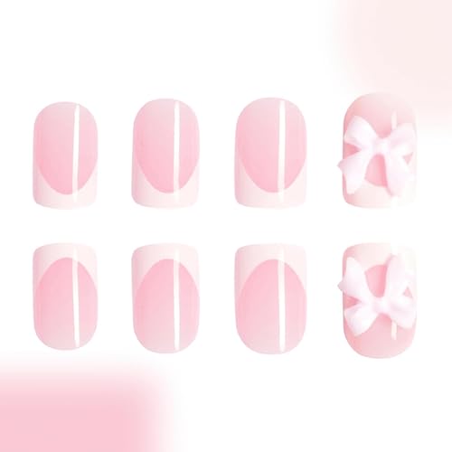 ROFIBUT French Tip Press on Nails - Short Square Acrylic Nails with 3D Resin Bow Charm Designs, Natural Nude Glossy Finish, 24Pcs