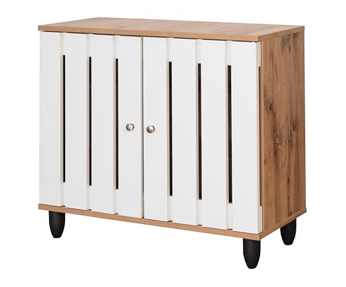 Image of DeckUp Plank Minang 2-Door Engineered Wood Shoe Rack (Wotan Oak and White, Matte Finish)