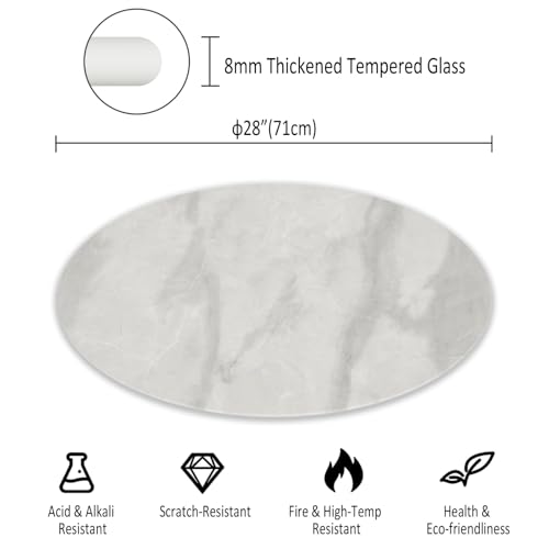 Image of Tempered Glass Round Table Top with Marble Design 28 Inch Diameter, 3 /10 Inch Thick, Heavy-Duty Safety Glass Circle for Dining Table, Desk, Patio Base Replacement