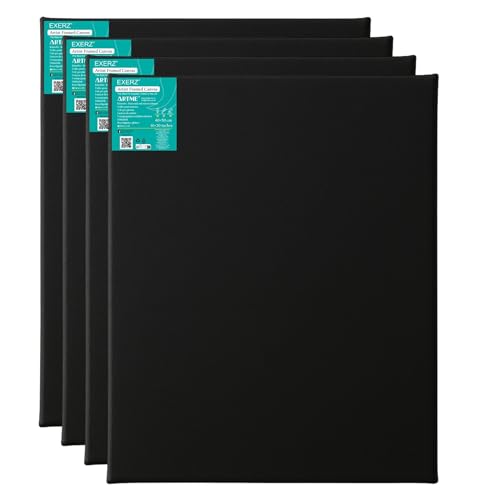 Exerz Keilrahmen Schwarz 40x50cm, 4er Set, 280 GSM, 1,7 cm Dick, 100% Baumwolle, Dreifach Grundiert, Säurefrei, Mittelkörnig, Gerahmte Kunstleinwand