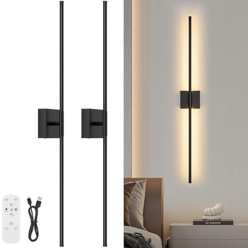 Image of Wall Sconces Set of Two with Remote Control, 39.4 in Dimmable Black Battery Operated Wall Lights, 350 Ratation 3000K-6000K LED Wireless Rechargeable Sconce for Bathroom, Living Room, Bedroom