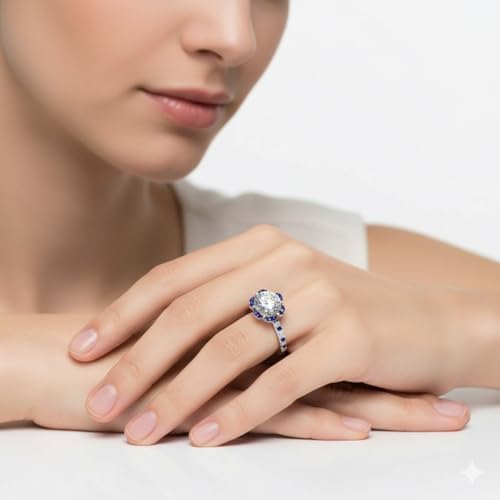 Image of 55Carat Choose Your Gemstone 6 Petal Ring Sterling Silver Round Shape Halo Engagement Rings Well Shaped for Any Gift Giving Occassion Modern Style Enchating Women US Size 4 to 12