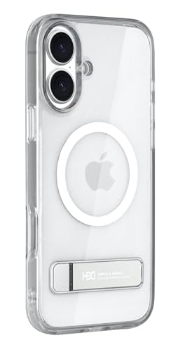 Image of BOUNCEBACK Polycarbonate Shockproof Transparent Hybrid Back Case /Cover with Kick Stand Support Magnetic Charging for iPhone 16 Plus - (Clear Silver)