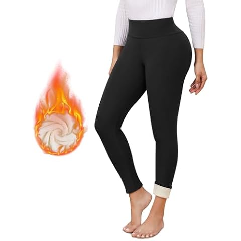 Kfnire Fleece Lined Leggings Women High Waisted Ladies Thermal Leggings Bottoms Thick Tummy Control Yoga Leggings Winter Warm Baselayers Long Johns Black Cover
