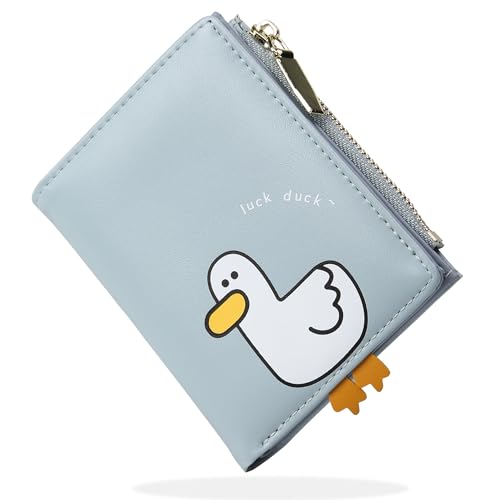 SNCCJ Süß Portemonnaie Damen, Bifold Leder Klein Geldbörse Damen mit RFID Schutz, Geldbeutel Mädchen mit Reißverschluss Münzbeutel (Ente Blaue)