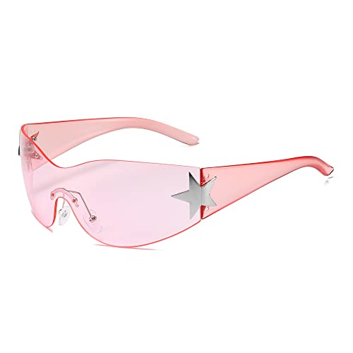 Image of Y2K Sunglasses for Women Men, 2000s Fashion Shield Wrap Around Y2K Glasses Rimless Oversized One Piece Lenses