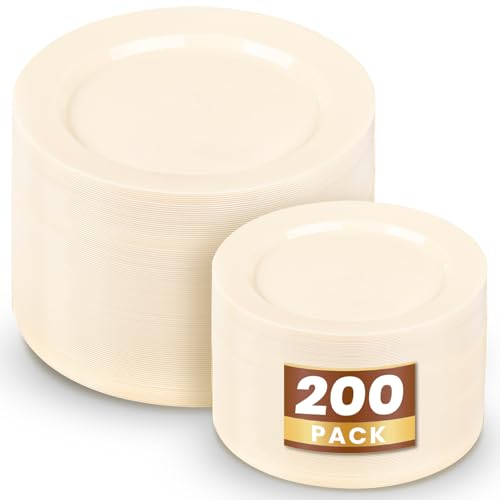 WDF 200PCS Ivory Plastic Plates - Elegant Ivory Disposable Plates for Party- Include 100 Dinner Plate 10’’ and 100 Plastic Dessert Plate 7’’ Perfect for Wedding/Party/BirthdayBaby Shower WDF 200PCS Ivory Plastic Plates - Elegant Ivory Disposable Plates for Party- Include 100 Dinner Plate 10’’ and 100 Plastic Dessert Plate 7’’ Perfect for Wedding/Party/BirthdayBaby Shower