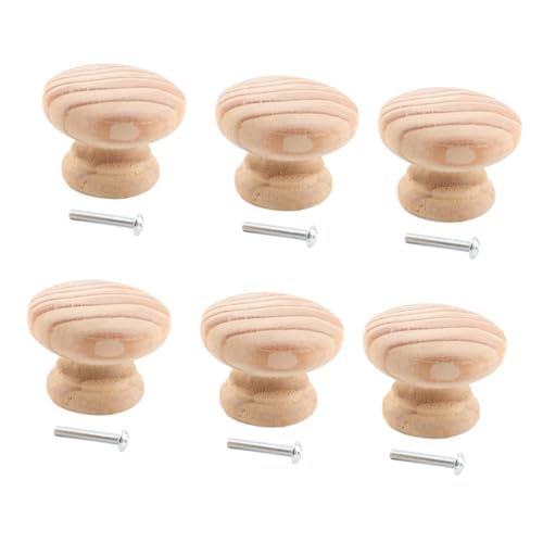 Hoement 6個 実用的な丸型デザイン無垢材キャビネットノブ ネジ付き 北欧スル無塗装木製取っ手 衣類収納家具用扉ハンドル